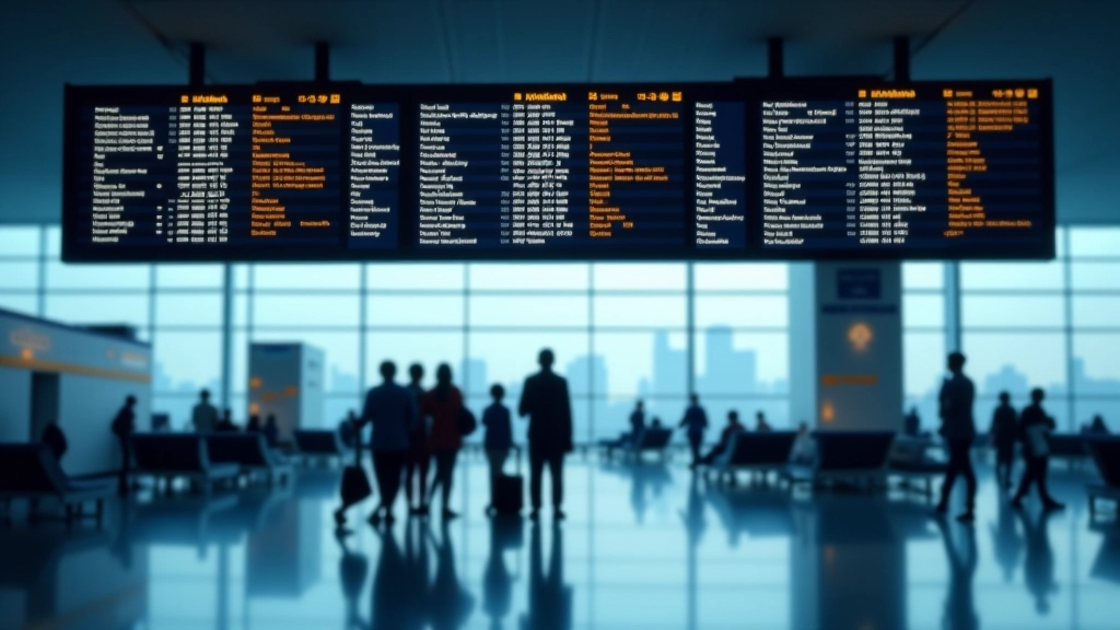 Airport departure board with flight information displayed on large screen