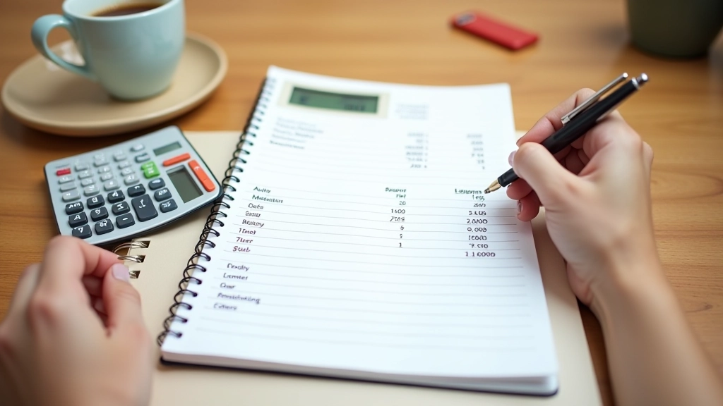 Calculator, notebook with budget calculations, and pen on wooden desk with morning light