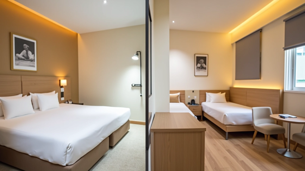 Hotel room interior compared with apartment kitchen and hostel common area in split view