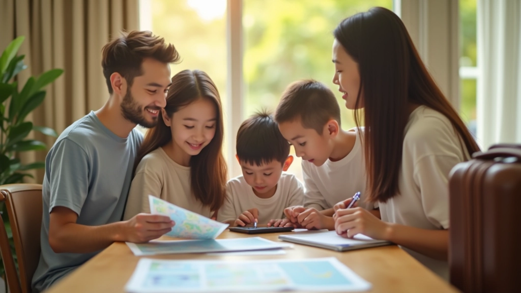 Family looking at map and planning document on table with luggage in background