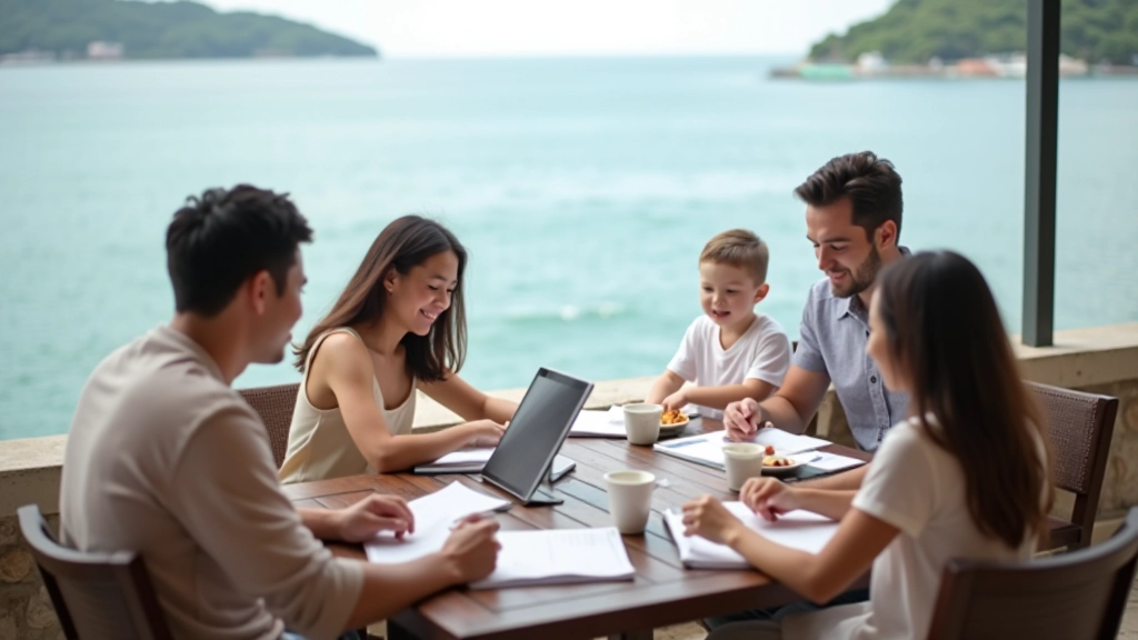 Family sitting at outdoor café table, planning vacation expenses together with notebook and tablet