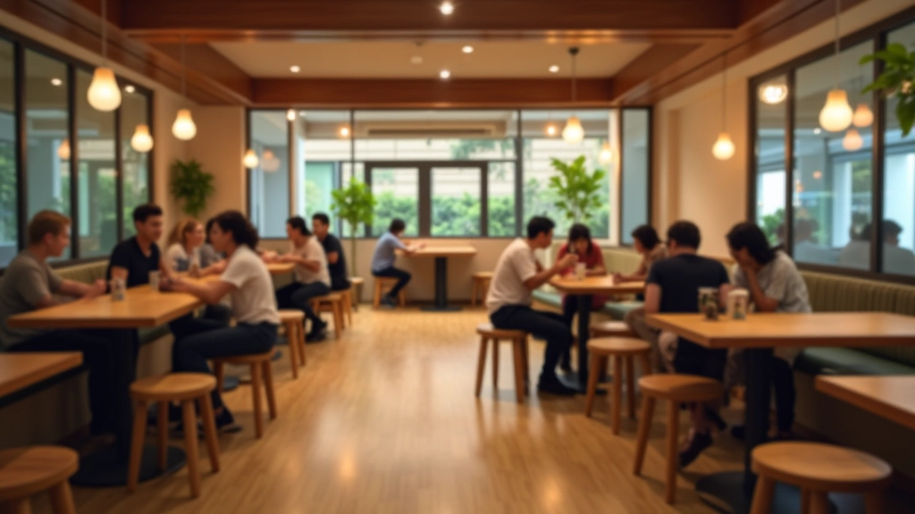 Hostel common area with comfortable seating, wooden tables, and travelers chatting