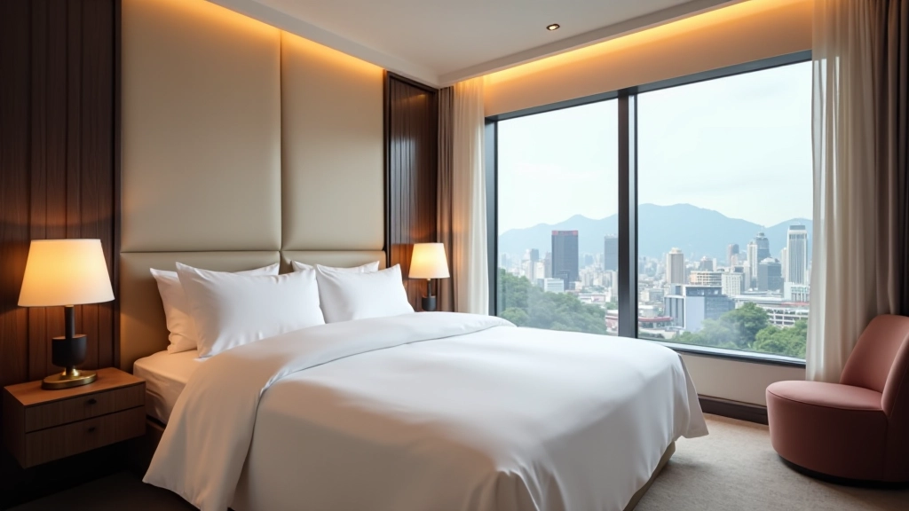 Luxury hotel room with queen bed, modern furniture, and city view from window