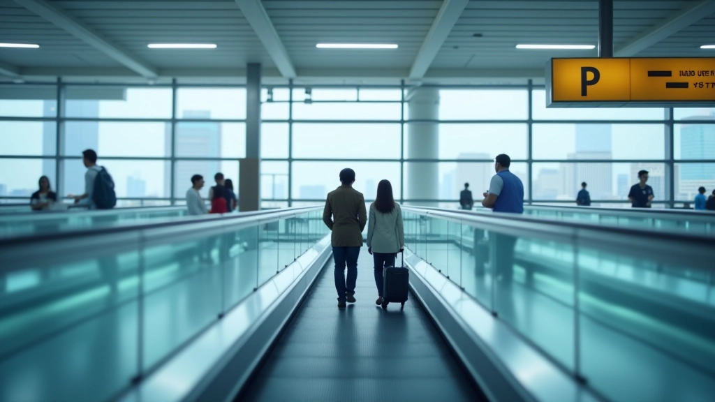 Modern airport terminal hallway with moving walkway and directional signage