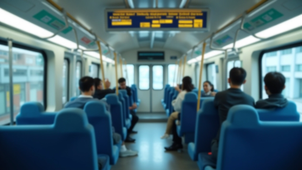 Inside modern train car with passengers and electronic route map display