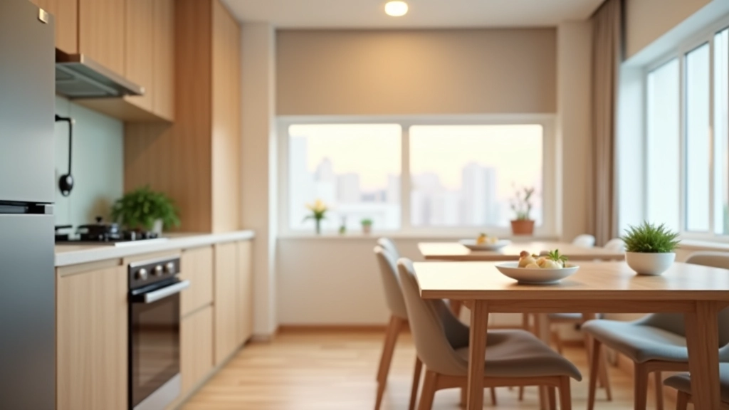 Modern serviced apartment kitchen with stove, refrigerator, and dining area