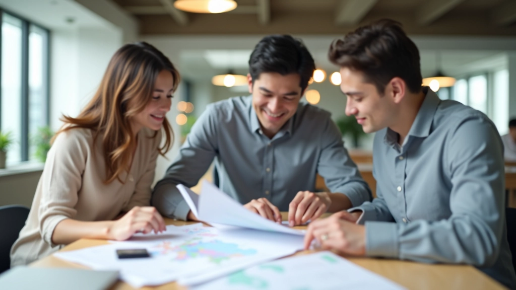 Travel planning team members collaborating in modern office with maps and documents